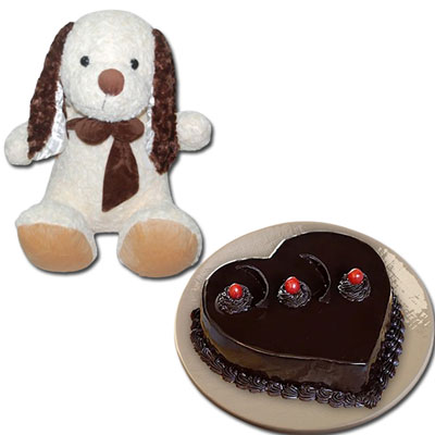 "White Teddy - BST- 9809, Heart shape Chocolate Truffle Cake - 500gms - Click here to View more details about this Product